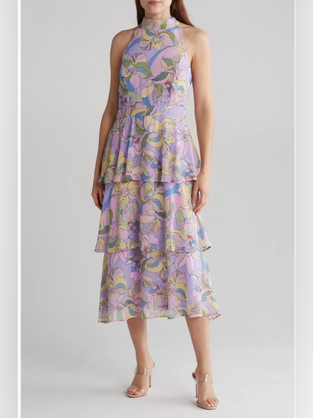 Tahari ASL Women's Sleeveless Tie Neck Floral Print Tiered Midi Dress
